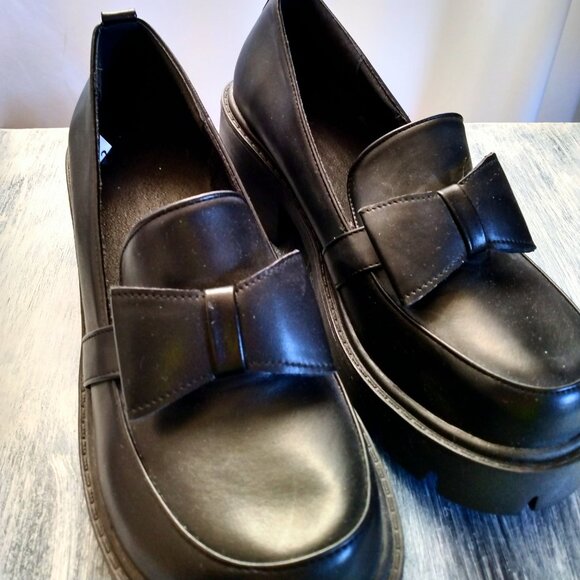 Black chunky heel platform bowtie loafers sz 39 - Picture 3 of 5